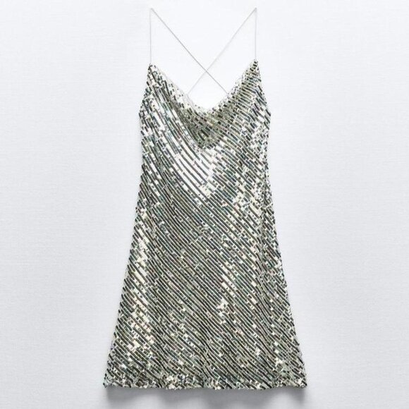 Zara Multicolor Sequin Cowl Back Mini Dress NWT Size Small - Picture 2 of 9